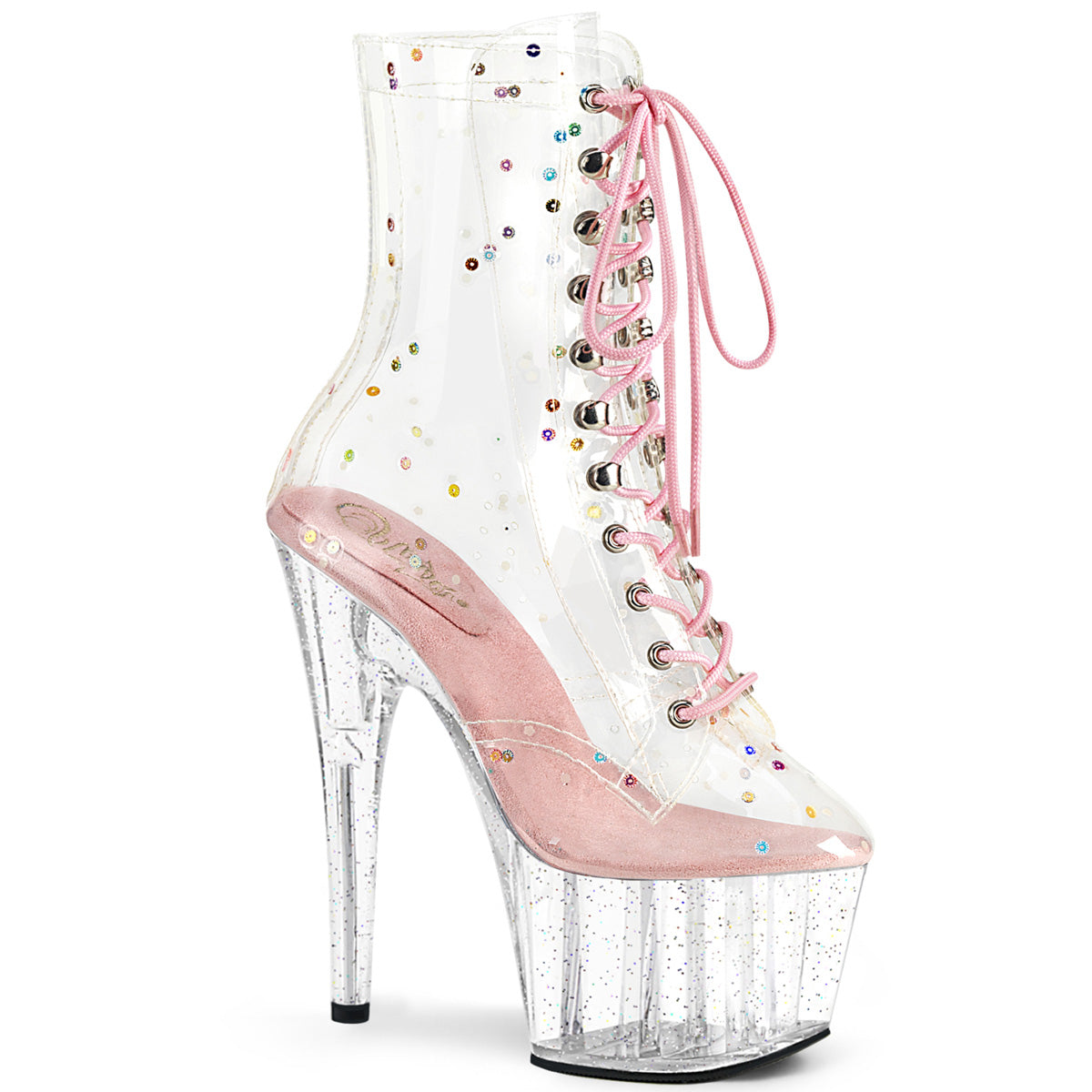 Pleaser ADORE-1020C-2 Clear TPU-Baby Pink 7 Inch Heel, 2 3/4 Inch Platform Lace-Up Front Ankle Boot, Side ZIp