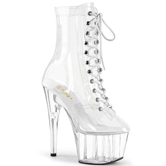 Pleaser ADORE-1020C Clear-Clear 7 Inch (178mm) Heel, 2 3/4 Inch (70mm) Platform Lace-Up Front Ankle Boot