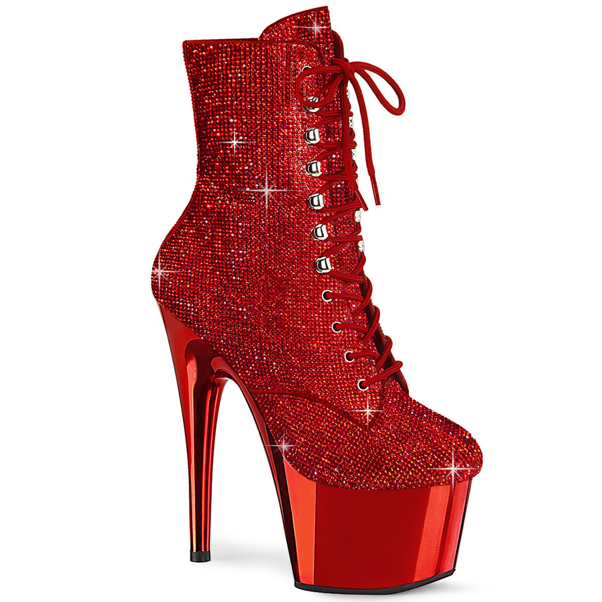 Pleaser ADORE-1020CHRS Red Rhinestone 7 Inch Heel , 2 3/4 Inch Red Chrome Platform Rhinestone Embellished Ankle Boot, Side Zip