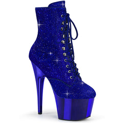 Pleaser ADORE-1020CHRS Royal Blue Rhinestone 7 Inch Heel , 2 3/4 Inch Royal Blue Chrome Platform Rhinestone Embellished Ankle Boot, Side Zip