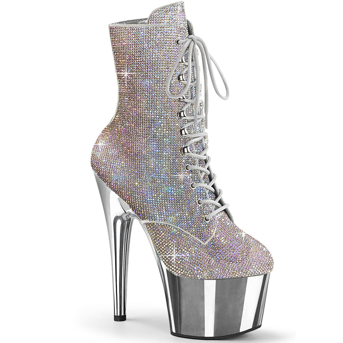 Pleaser ADORE-1020CHRS Silver Multi Color Rhinestone 7 Inch Heel , 2 3/4 Inch Silver Chrome Platform Rhinestone Embellished Ankle Boot, Side Zip