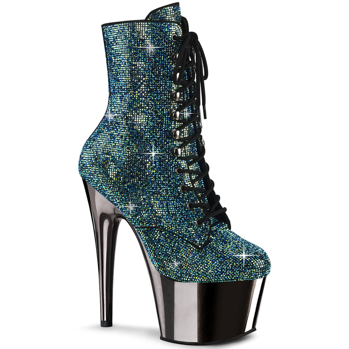 Pleaser ADORE-1020CHRS Turquoise Multi Rhinestone 7 Inch Heel , 2 3/4 Inch Pewter Chrome Platform Rhinestone Embellished Ankle Boot, Side Zip