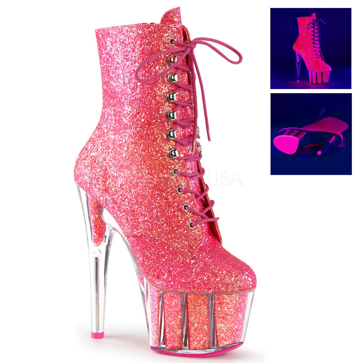 Pleaser ADORE-1020G Neon Pink Glitter Platform Ankle Boots - Shoecup.com