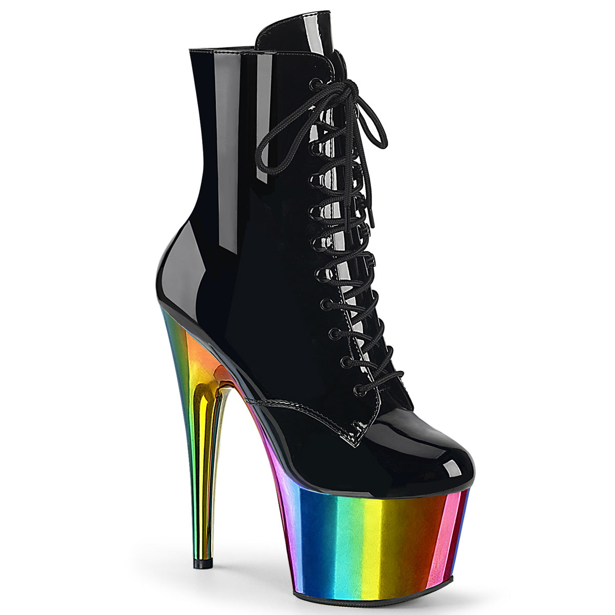 Pleaser ADORE-1020RC Black Pat-Rainbow Chrome 7 Inch Heel, 2 3/4 Inch Chromed Platform Lace-Up Ankle Boot, Side Zip
