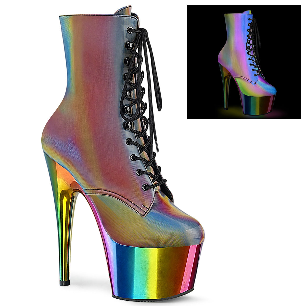 Pleaser ADORE-1020RC-REFL Rainbow Reflective 7 Inch Heel, 2 3/4 Inch Chromed Platform Lace-Up Ankle Boot, Side Zip