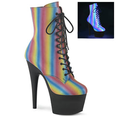 Pleaser ADORE-1020REFL-02 Rainbow Reflective-Black Matte 7 Inch (178mm) Heel, 2 3/4 Inch (70mm) Platform Lace-Up Front Ankle Boot Featuring Reflective Rainbow Effect Upper, Inside Zip Closure