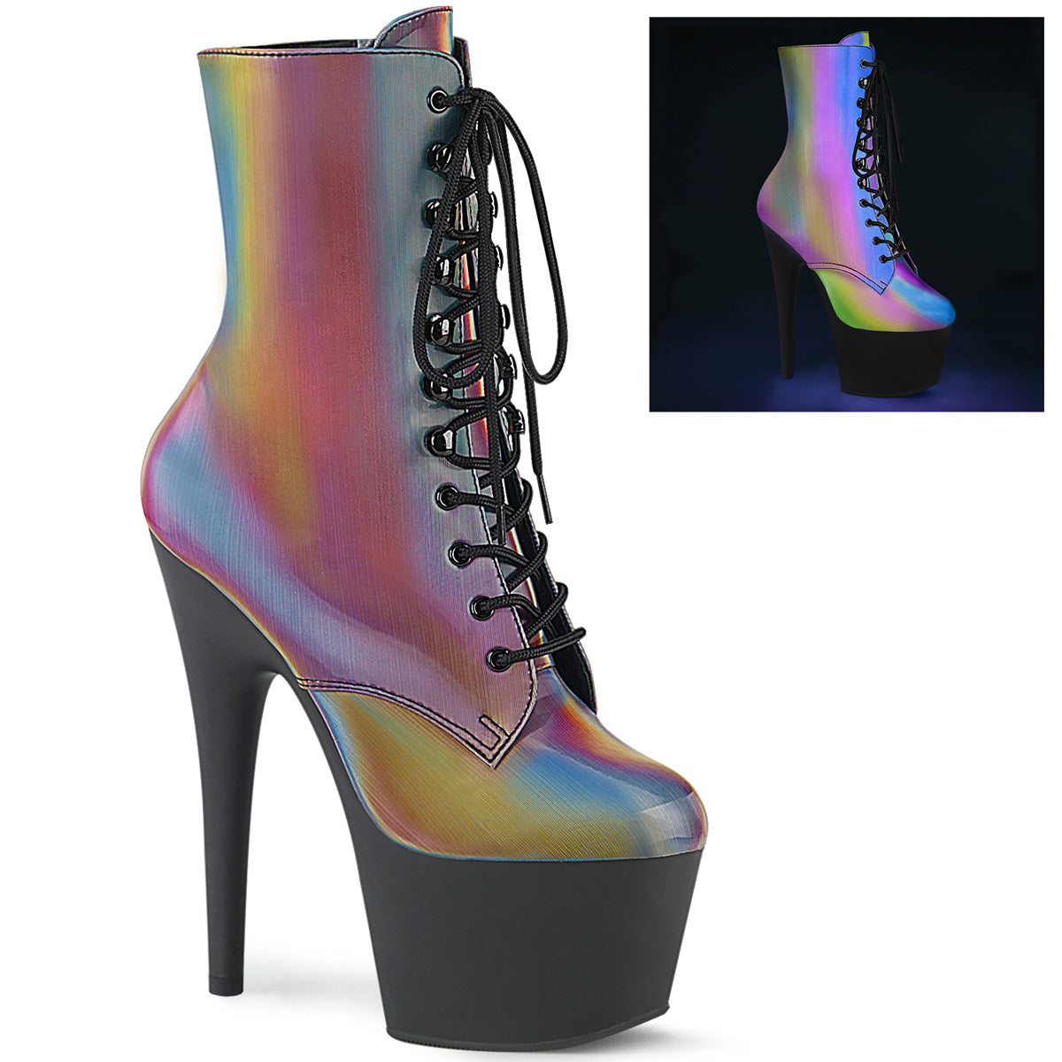 Pleaser ADORE-1020REFL Rainbow Reflective-Black Matte 7 Inch (178mm) Heel, 2 3/4 Inch (70mm) Platform Lace-Up Front Ankle Boot With Rainbow Reflective Effect Upper, Inside Zip Closure