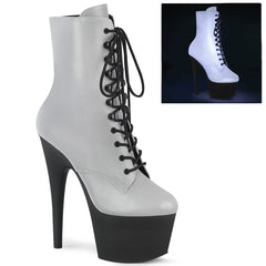 Pleaser ADORE-1020REFL Silver Reflective-Black Matte 7 Inch (178mm) Heel, 2 3/4 Inch (70mm) Platform Lace-Up Front Ankle Boot With Reflective Effect Upper, Inside Zip Closure