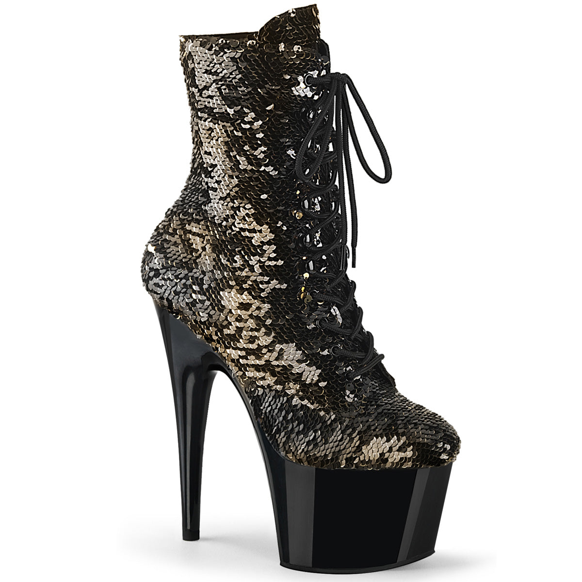 7" Heel ADORE-1020SQ Black Gold Sequins