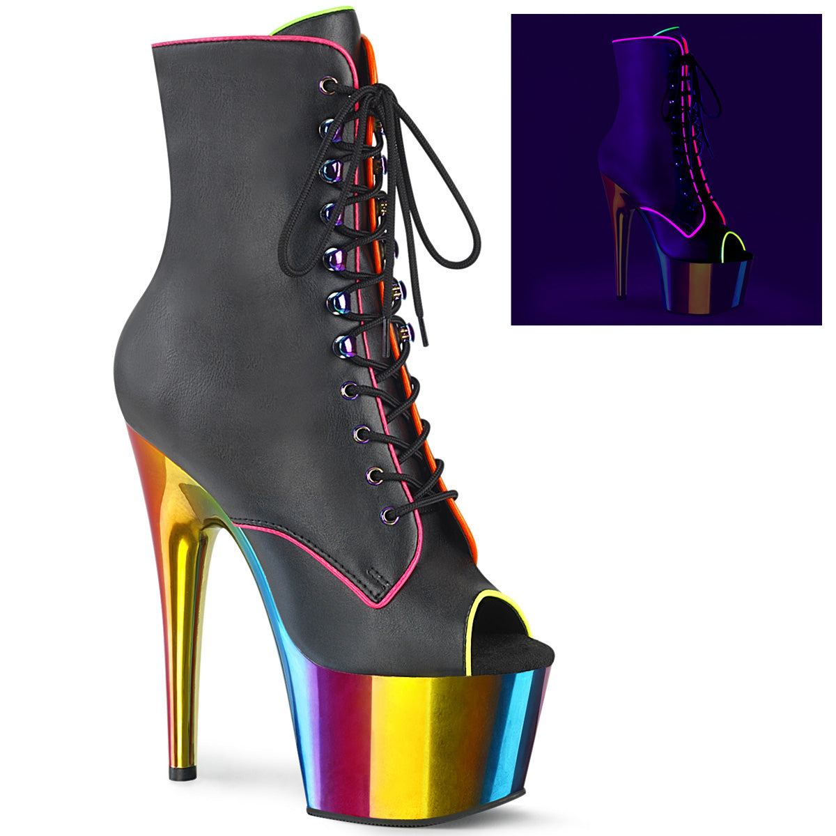 Pleaser ADORE-1021RC-02 Black Faux Leather-Rainbow Chrome 7 Inch Heel, 2 3/4 Inch Platform Peep Toe Lace-Up Ankle Boot, Side Zip