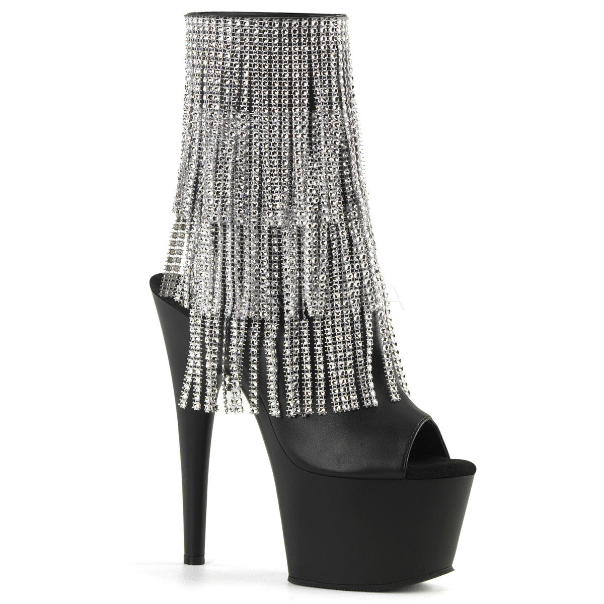 Pleaser ADORE-1024RSF Black Faux Leather Ankle Boots With Simulated Rhinestone Fringe - Shoecup.com - 1