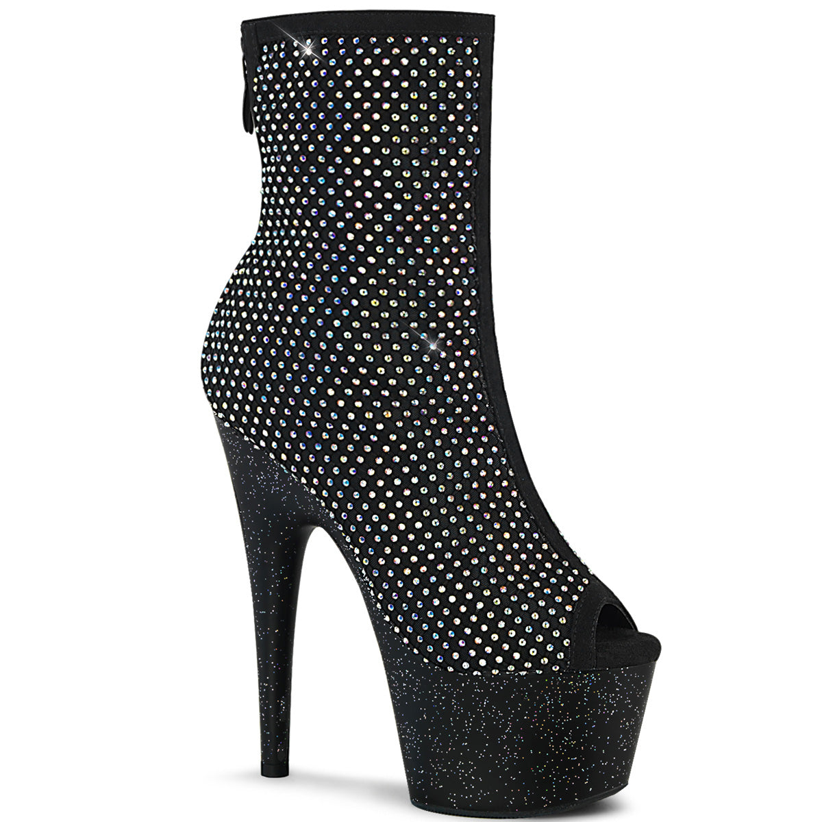 Pleaser ADORE-1031GM Black Fabric-Rhinestone Mesh 7 Inch Heel, 2 3/4 Inch Platform Peep Toe Ankle Boot, Back Zip