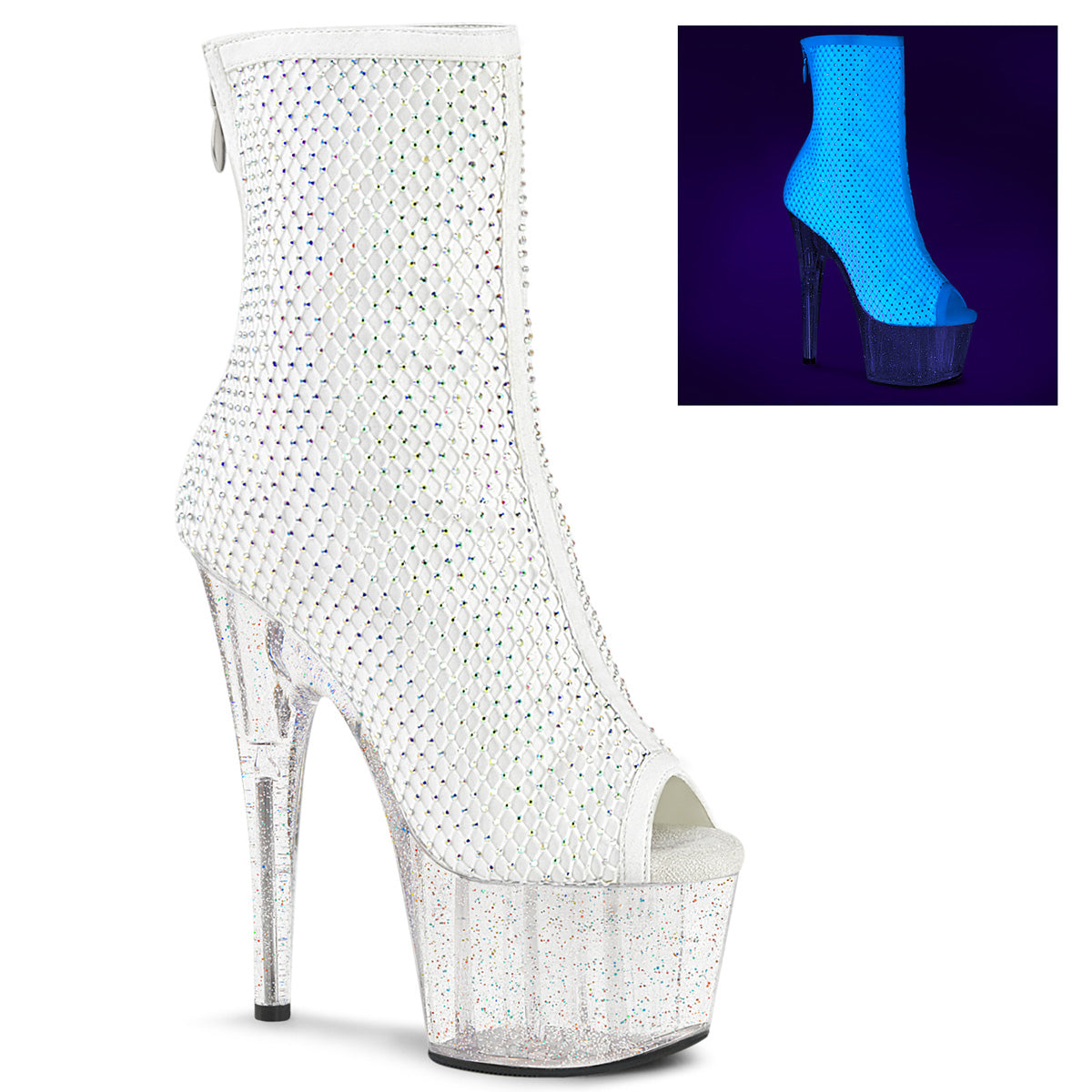 Pleaser ADORE-1031GM White Fabric-Rhinestone Mesh-Clear 7 Inch Heel, 2 3/4 Inch Platform Peep Toe Ankle Boot, Back Zip