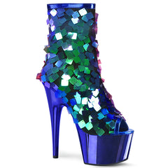 Pleaser ADORE-1031SSQ Green Square Iridescent Sequins 7 Inch Heel, 2 3/4 Inch Platform Open Toe Ankle Boot, Side Zip
