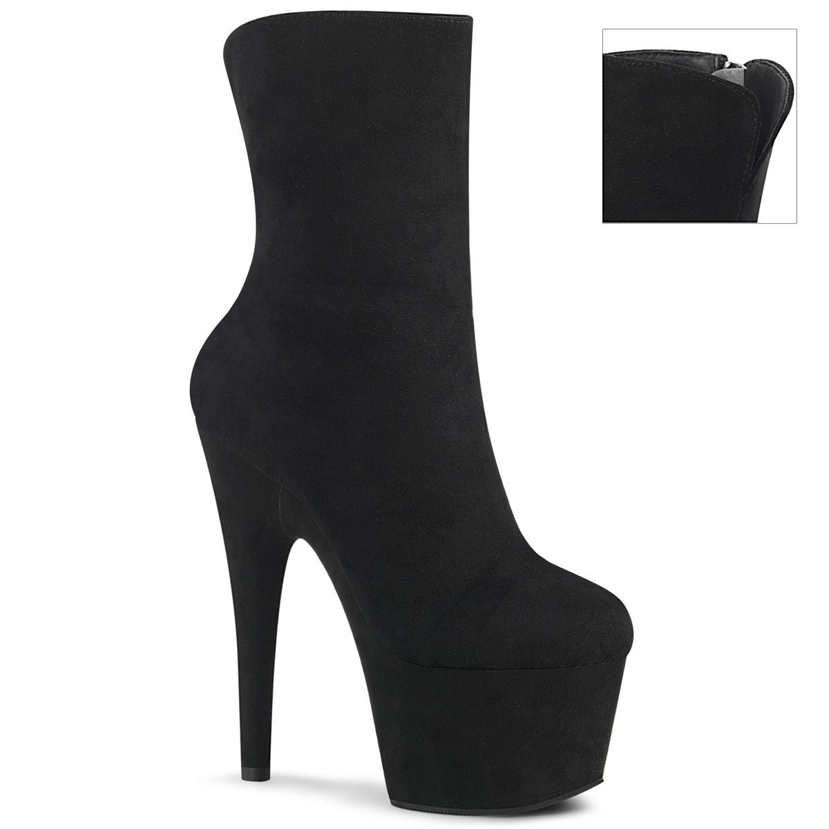 Pleaser ADORE-1042 Black Faux Suede 7 Inch (178mm) Heel, 2 3/4 Inch (70mm) Platform Ankle Boot Featuring Fully Wrapped Platform Bottom, Inside Zip Closure