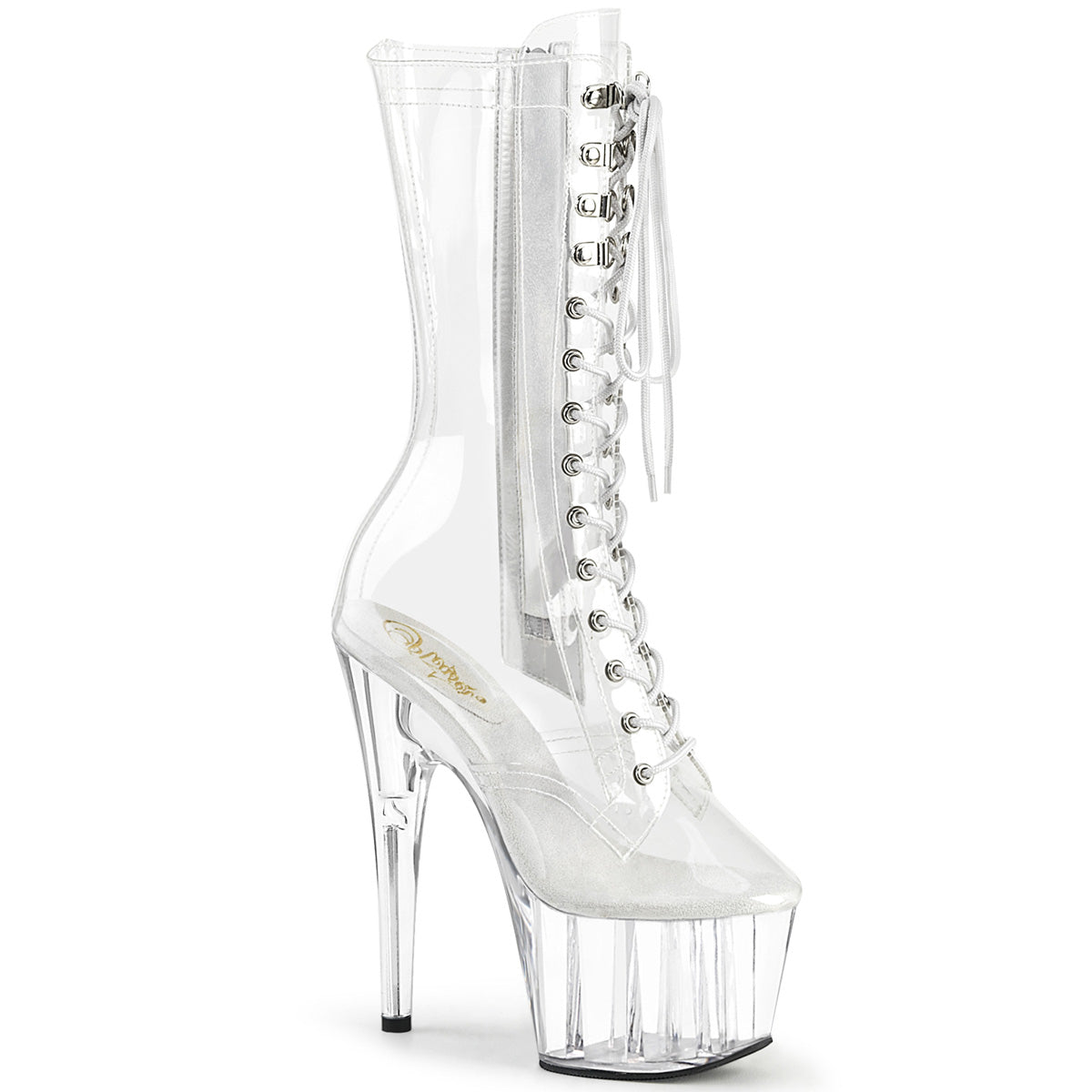 Pleaser ADORE-1050C Clear 7 Inch (178mm) Heel. 2 3/4 Inch (70mm) Platform Lace-Up Front Mid Calf Boot, Inside Zip Closure