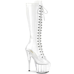 Pleaser ADORE-2020C Clear 7 Inch (178mm) Heel, 2 3/4 Inch (70mm) Platform Lace-Up Front Knee Boot