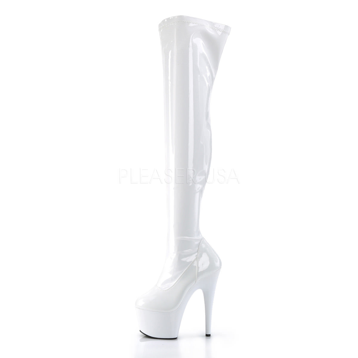 PLEASER ADORE-3000 White Stretch Pat Thigh High Boots - Shoecup.com - 3