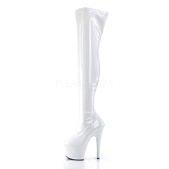 PLEASER ADORE-3000 White Stretch Pat Thigh High Boots - Shoecup.com - 3