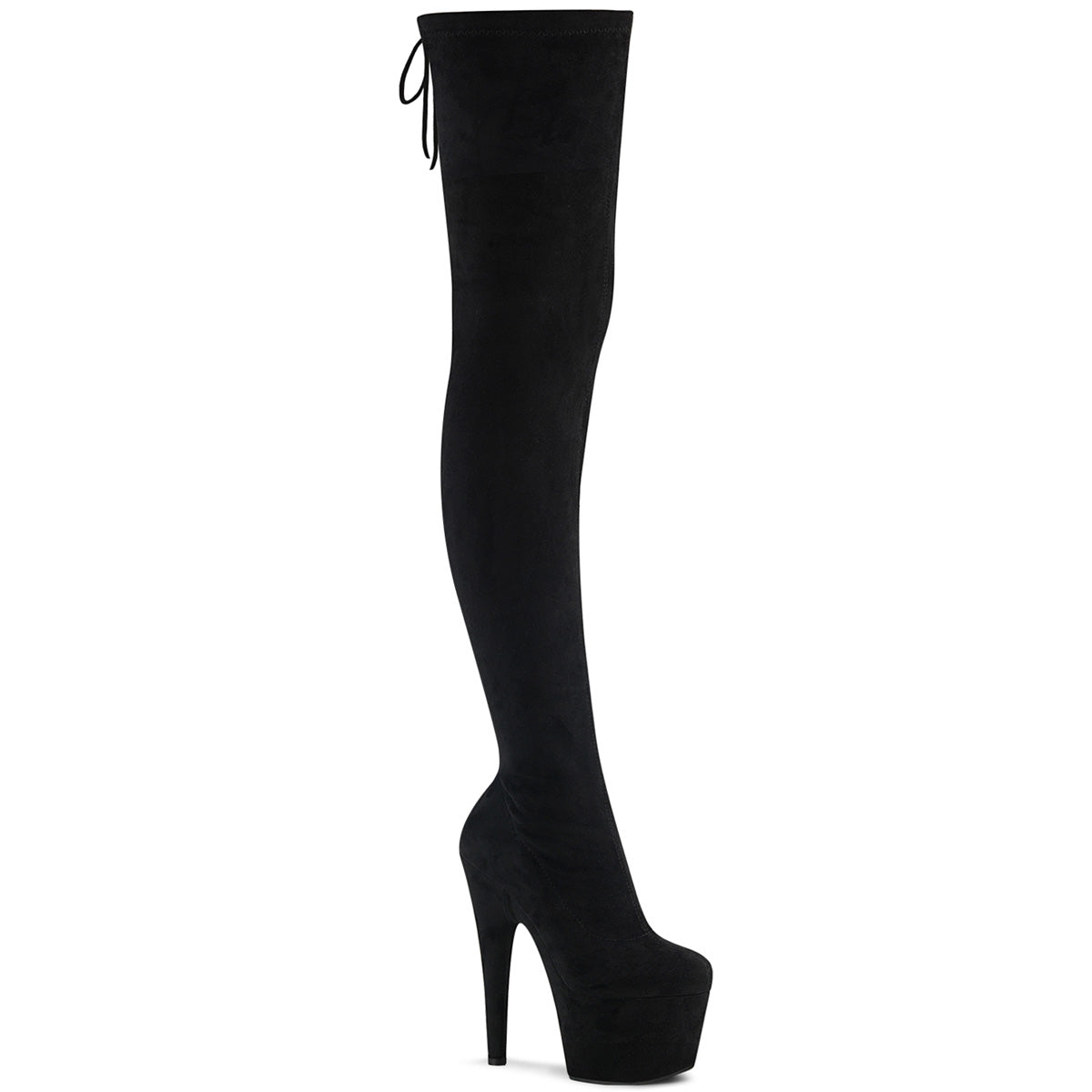 Pleaser ADORE-3008 Black Stretch Faux Suede 7 Inch Heel, 2 3/4 Inch Platform Stretch Pull-On Thigh High Boot