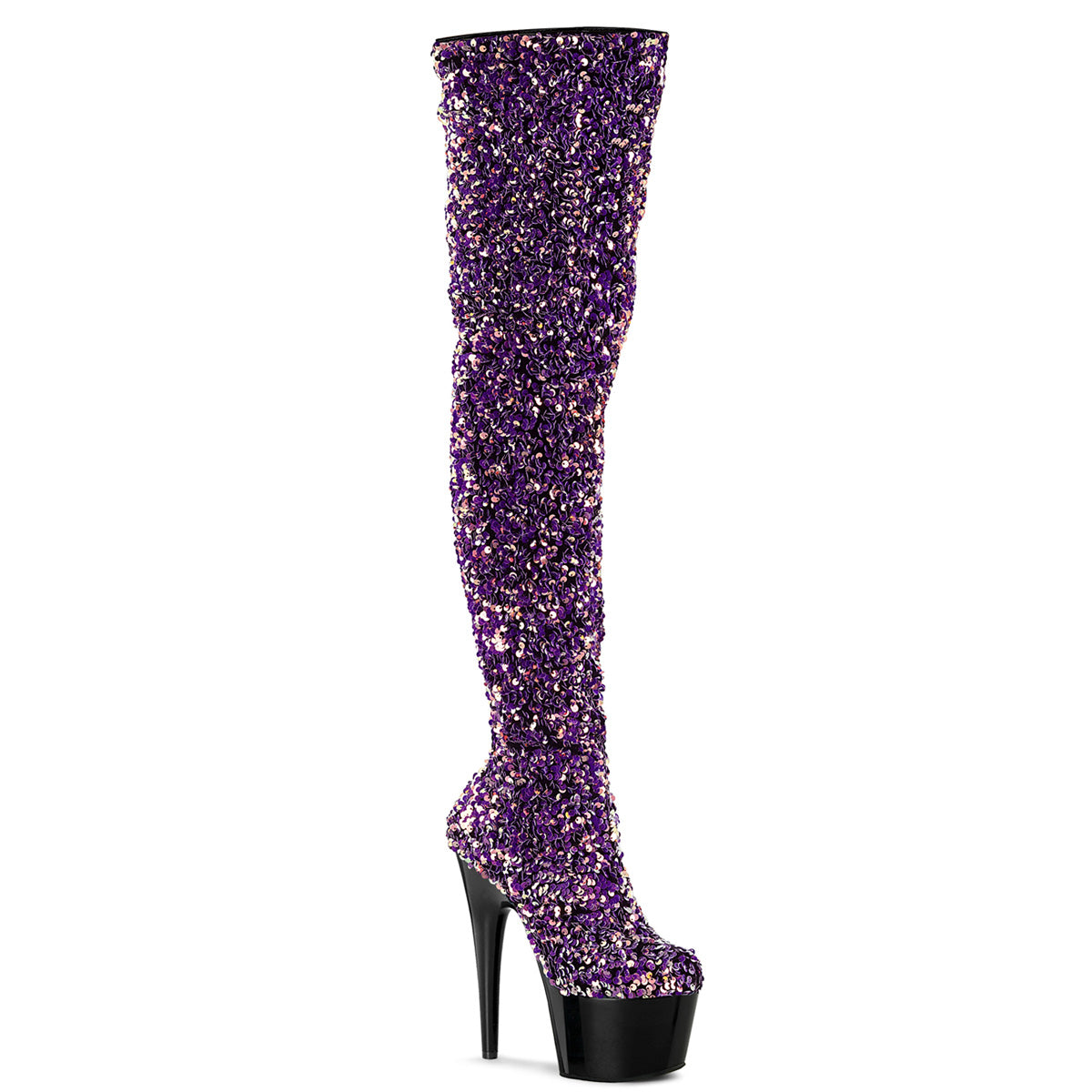 Pleaser ADORE-3020 Purple Multi Sequins 7 Inch (178mm) Heel, 2 3/4 Inch (70mm) Platform Stretch  Sequin Thigh High Boot Featuring Multi Sequined Body, Inside Zip Closure