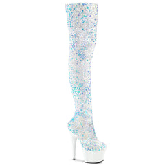 Pleaser ADORE-3020 White Multi Sequins 7 Inch (178mm) Heel, 2 3/4 Inch (70mm) Platform Stretch  Sequin Thigh High Boot Featuring Multi Sequined Body, Inside Zip Closure