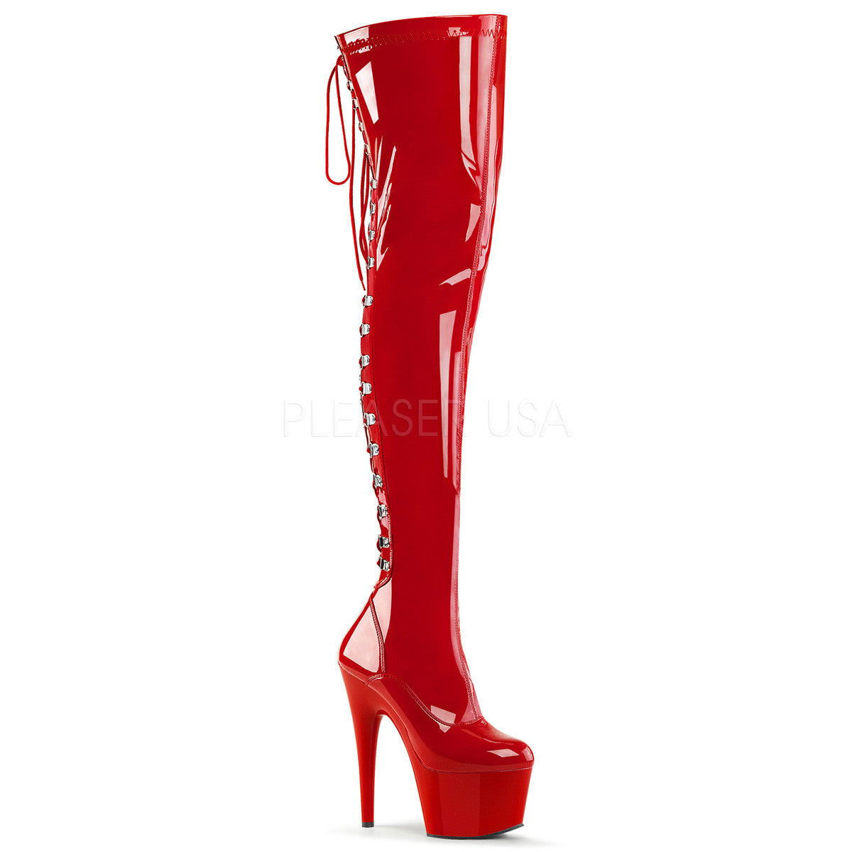Pleaser ADORE-3063 Red Stretch Pat Thigh High Boots - Shoecup.com
