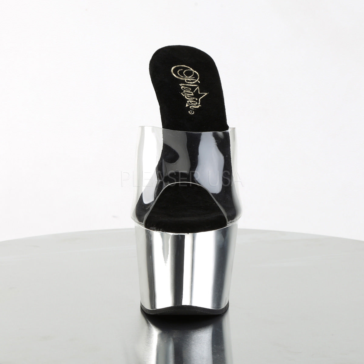 PLEASER ADORE-701 Clear-Silver Chrome Platform Slides - Shoecup.com - 2