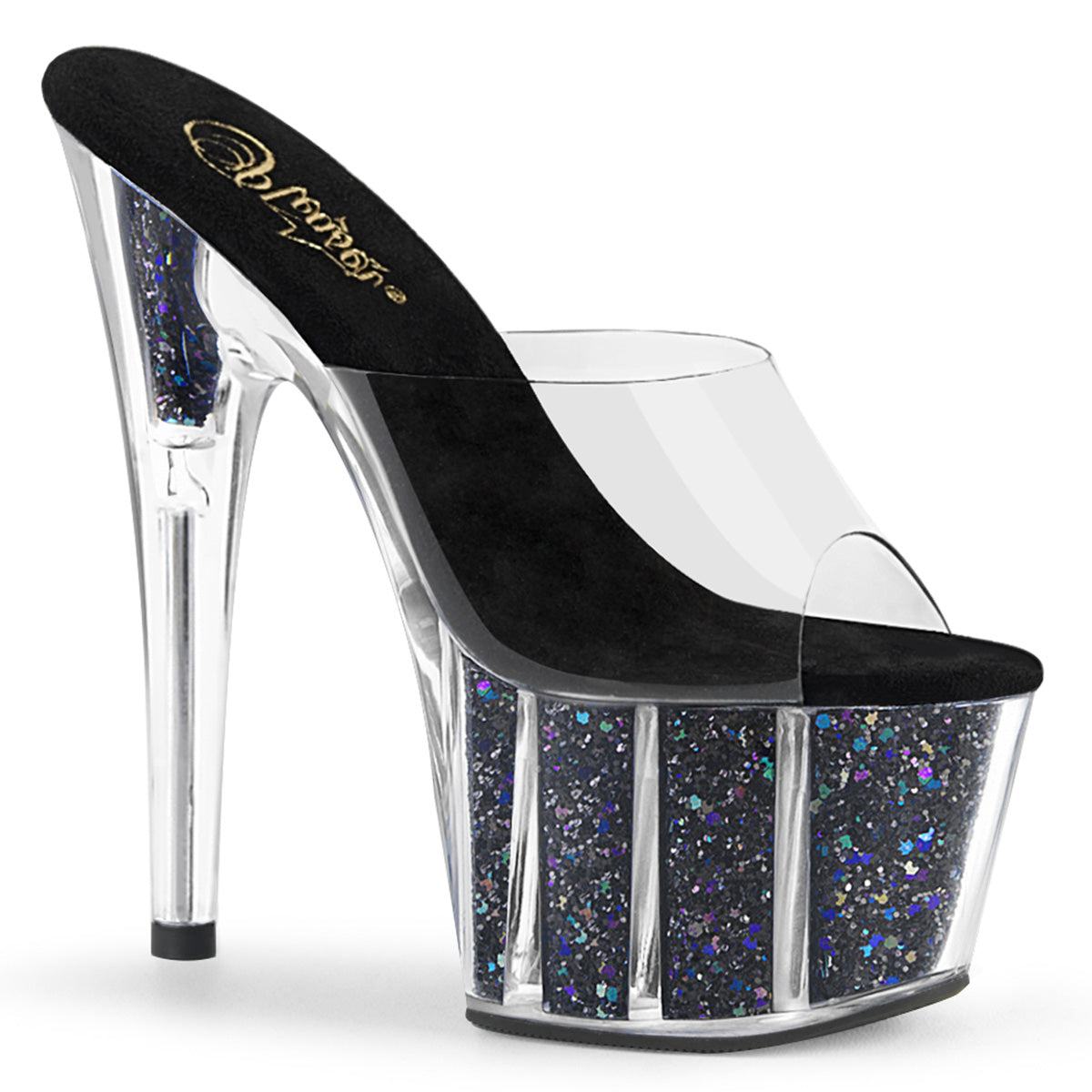 7" Heel ADORE-701CG Clear Black Glitter