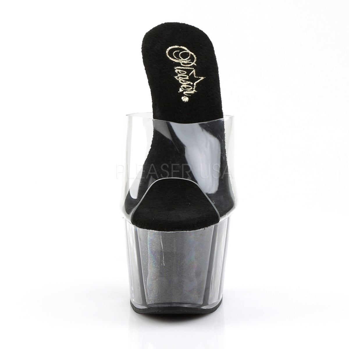 PLEASER ADORE-701G Clear-Black Glitter Platform Slides - Shoecup.com - 2