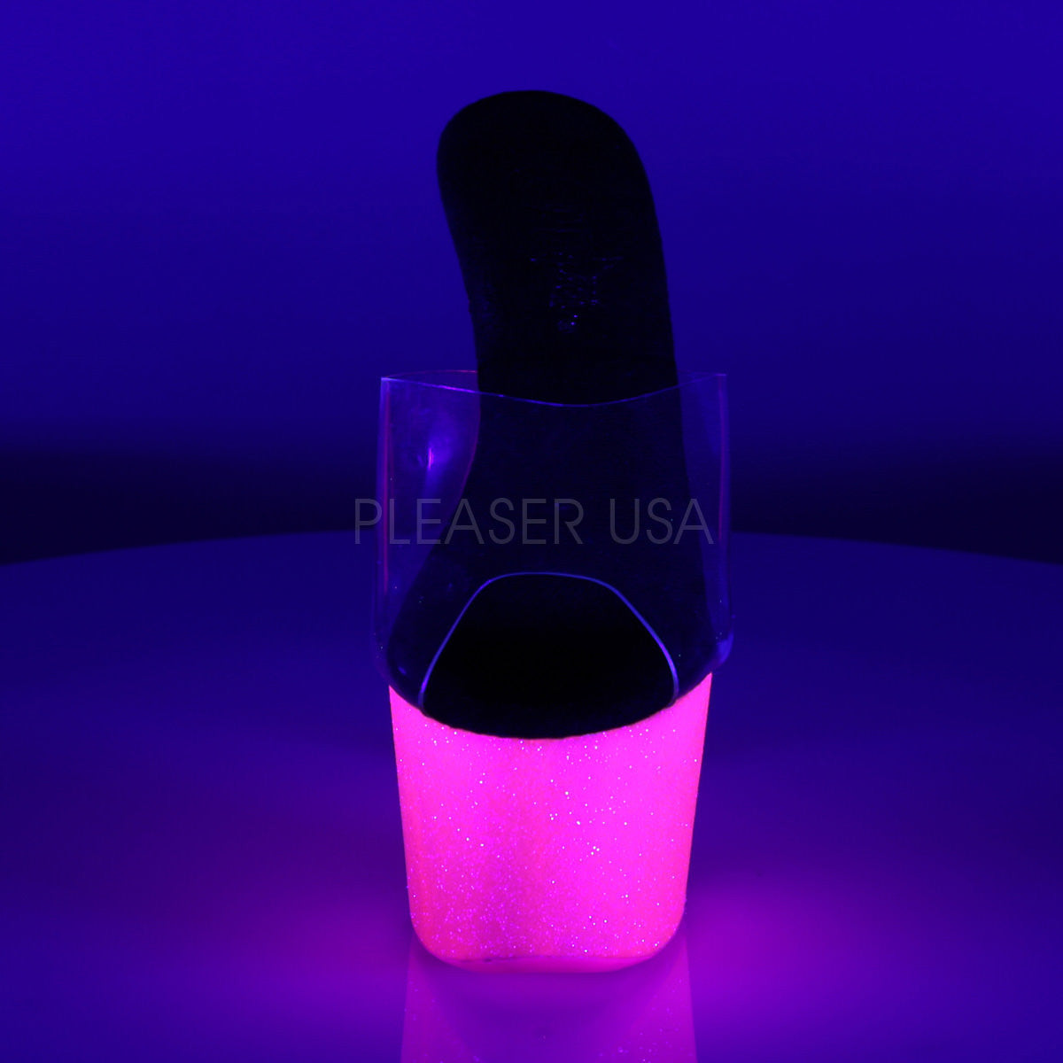 Pleaser ADORE-701UVG Neon Hot Pink Glitter Platform Slides - Shoecup.com - 2