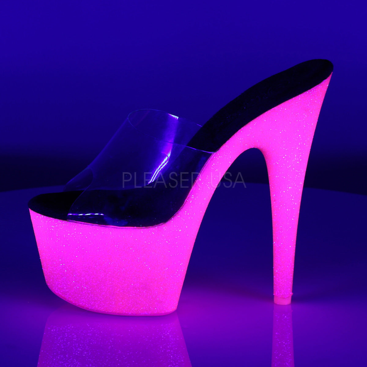 Pleaser ADORE-701UVG Neon Hot Pink Glitter Platform Slides - Shoecup.com - 3
