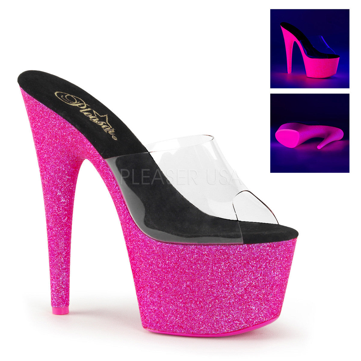 Pleaser ADORE-701UVG Neon Hot Pink Glitter Platform Slides - Shoecup.com - 1