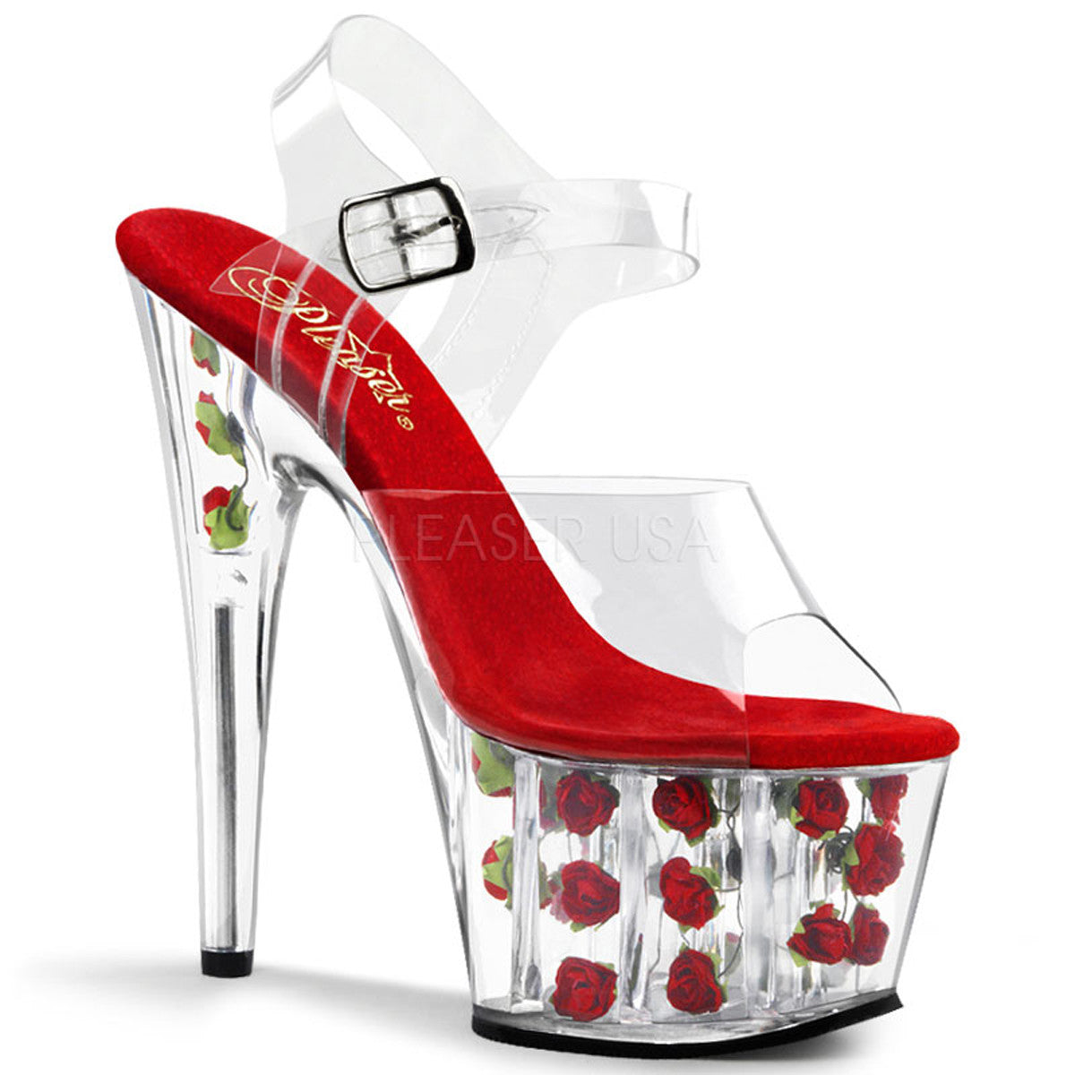 PLEASER ADORE-708FL Clear-Red Flowers Ankle Strap Sandals - Shoecup.com - 1