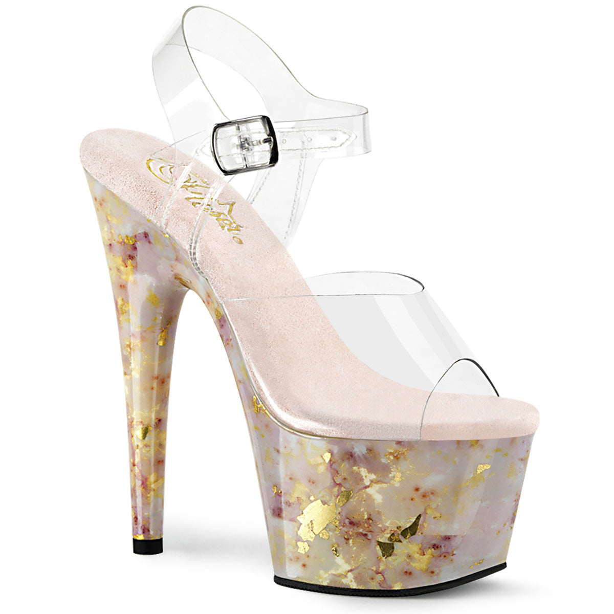Pleaser ADORE-708MB Clear-Blush-Gold Marble 7 Inch (178mm) Heel, 2 3/4 Inch (70mm) Platform Ankle Strap Sandal Featuring Marble Effect Printed Platform Bottom