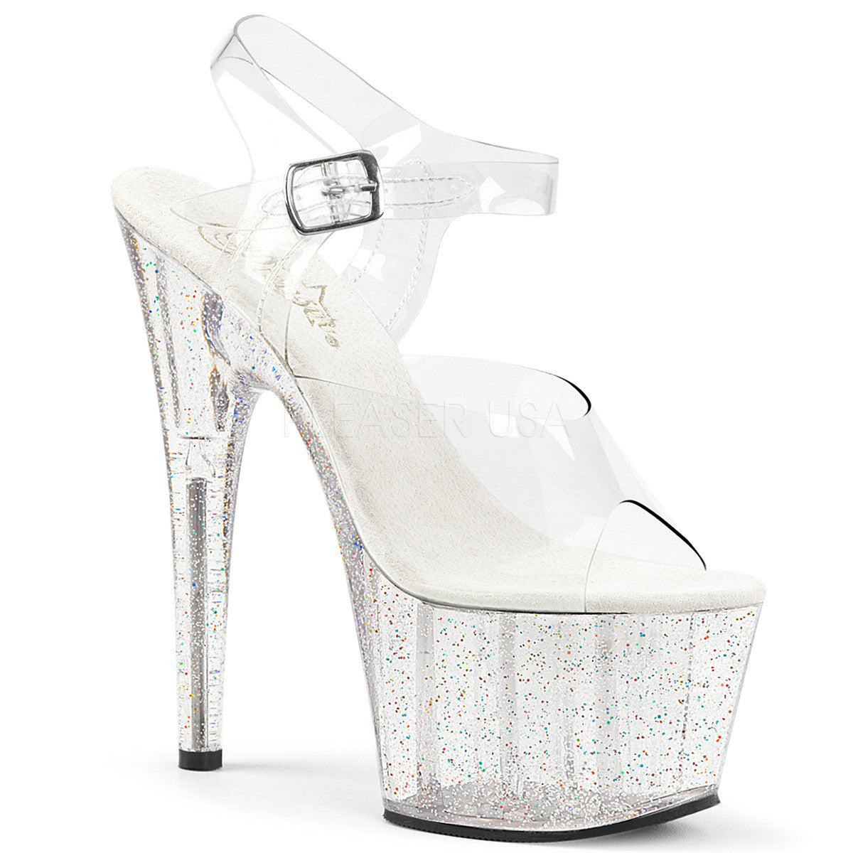 7" Clear Ankle Strap Stripper Shoes Clear Glitter Platform | Pleaser ADORE-708MG