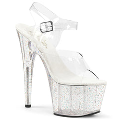 7" Clear Ankle Strap Stripper Shoes Clear Glitter Platform | Pleaser ADORE-708MG