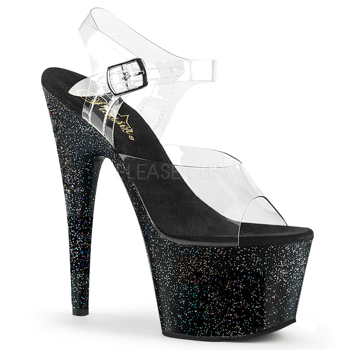 7" Clear Ankle Strap Stripper Shoes Black Glitter Platform | Pleaser ADORE-708MG