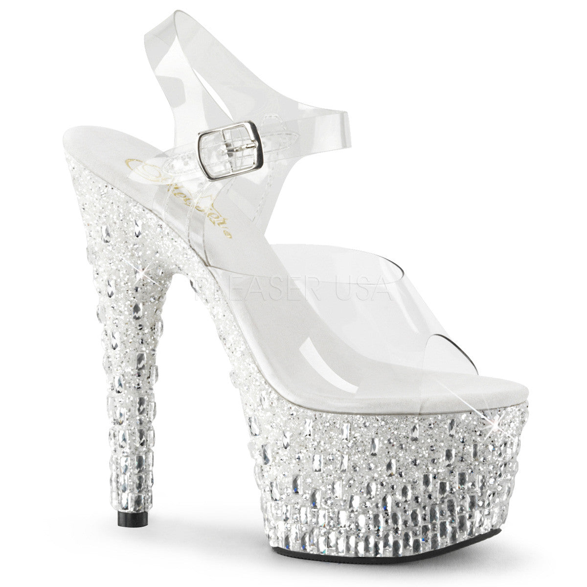 Pleaser ADORE-708MR-5 Clear With White-Silver Platform Ankle Strap Sandals - Shoecup.com - 1
