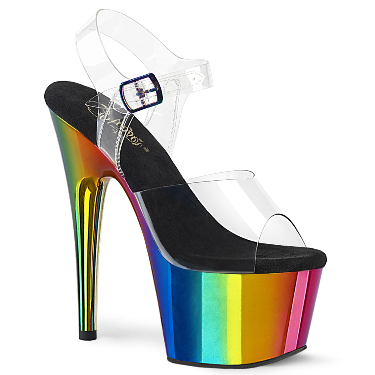 Pleaser ADORE-708RC Clear-Rainbow Chrome 7 Inch (178mm) Heel, 2 3/4 Inch (70mm) Platform Ankle Strap Sandal Featuring Rainbow Chrome Plated Platform Bottom