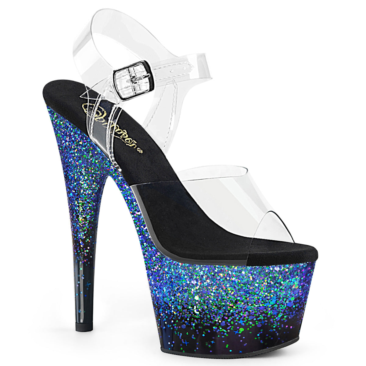 Pleaser ADORE-708SS Clear-Black-Blue Multi Glitter 7 Inch (178mm) Heel, 2 3/4 Inch (70mm) Platform Ankle Strap Sandal With Holographic Gradient Effect on the Platform Bottom