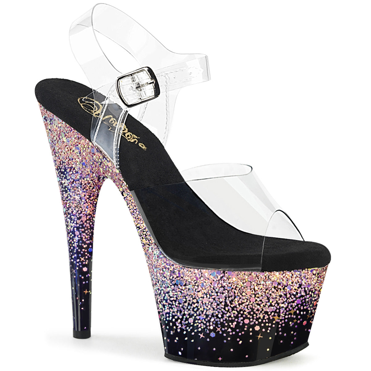 7 Inch Heel ADORE-708SS Clear Black Dusty Glitter