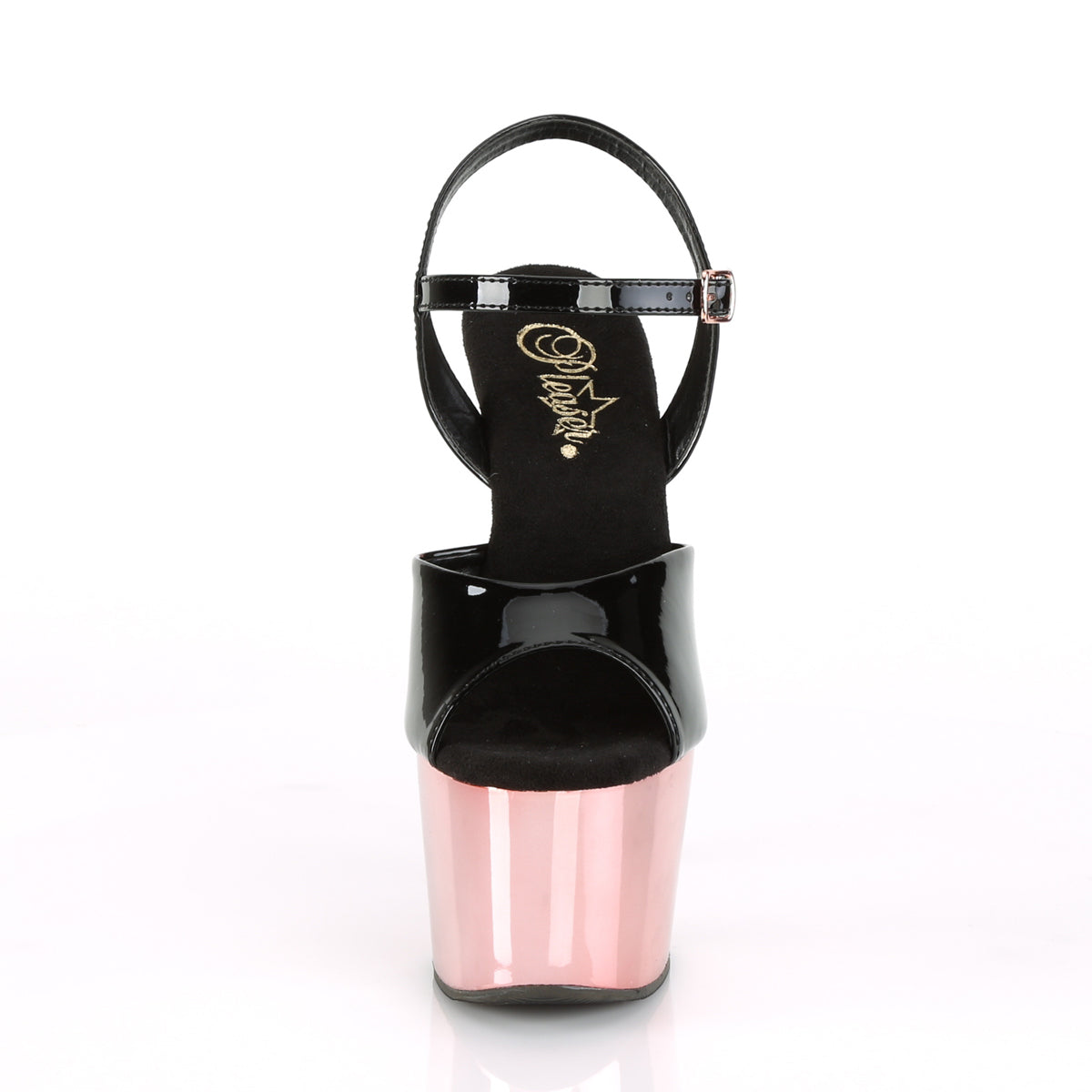 7 Inch Heel ADORE-709 Black Pat Rose Gold Chrome