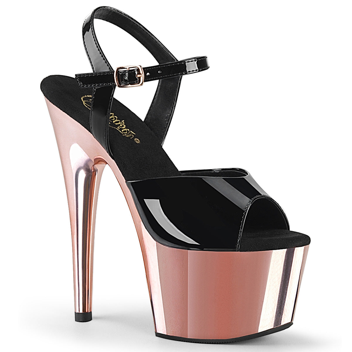 7" Heel ADORE-709 Black Pat Rose Gold Chrome