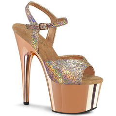 Pleaser ADORE-709HM Rose Gold Holo Metallic Pu 7 Inch (178mm) Heel, 2 3/4 Inch (70mm) Platform Ankle Strap Sandal Featuring Wrinkled Metallic Upper and Chrome Plated Platform Bottom