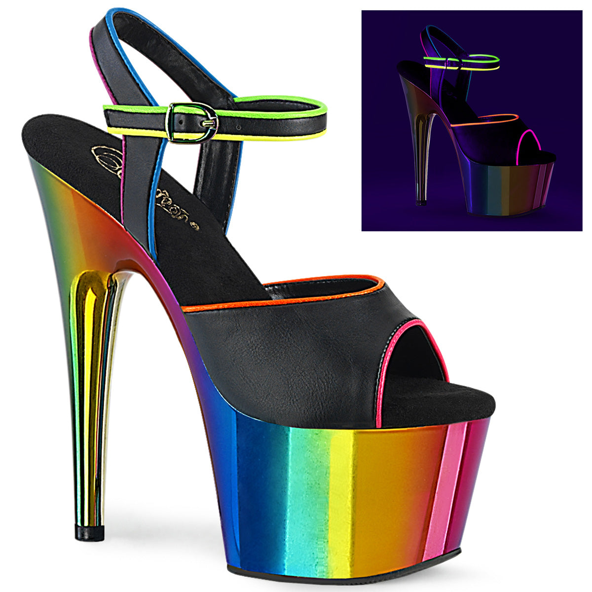Pleaser ADORE-709RC-02 Black Faux Leather-Rainbow Chrome 7 Inch Heel, 2 3/4 Inch Chrome Plated Platform Ankle Strap Sandal