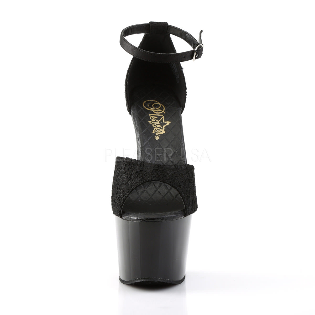 PLEASER ADORE-768 Black Satin-Black Lace-Black Ankle Strap Sandals - Shoecup.com - 2