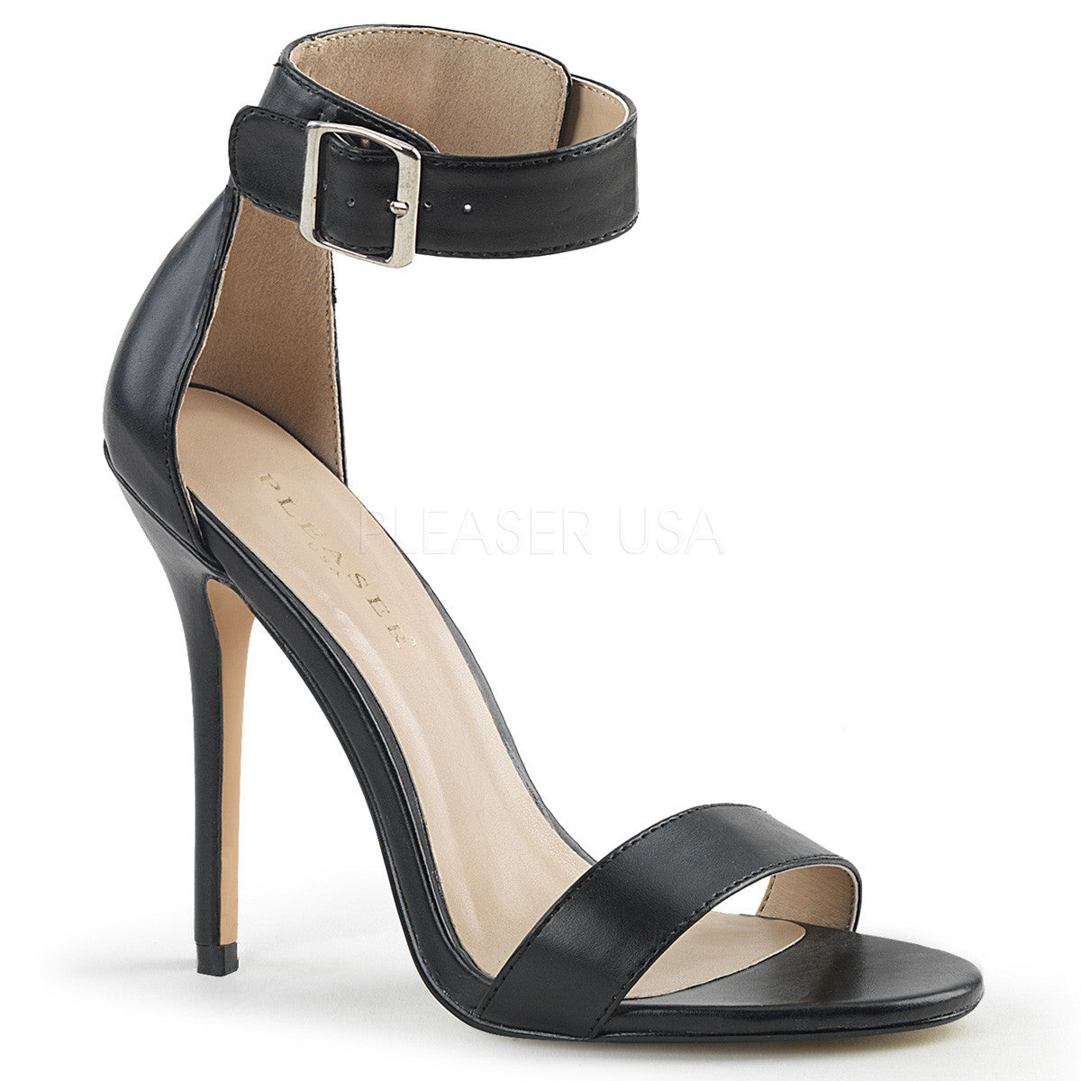 5" Heel AMUSE-10 Black Pu Ankle Strap Sandal