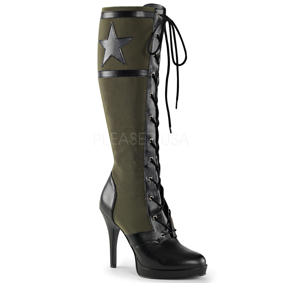 Funtasma ARENA-2022 Black Pu-Army Green Canvas Knee High Military Boots - Shoecup.com