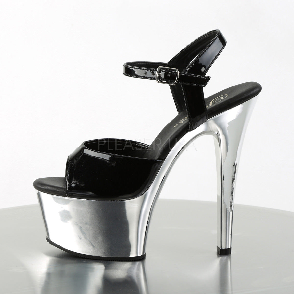 Pleaser ASPIRE-609 Black Ankle Strap Sandals With Silver Chrome Platform - Shoecup.com - 3